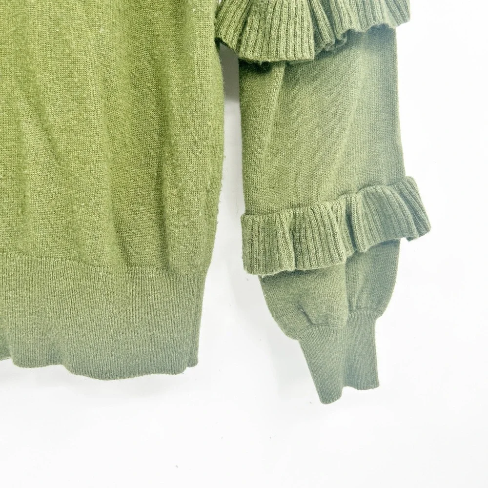 J. Crew Womens‎ Moss Green Wool Blend Tiered Ruffle Sleeve Preppy Sweater XXS